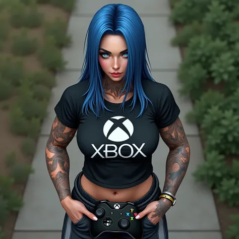 female ,  long straight blue hair, wearing black grey sweatpants  on with a black Xbox  t shirt, full body tattoos. Realistic. Hair over half face. Blue eyes. Buff body.  Hands in pockets .holding an Xbox gaming controller. Selfie pose from above 