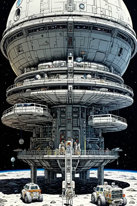 Moon Base, science fiction, by Katsuhiro Otomo.
best quality, masterpiece, intricate details, ultra-detailed