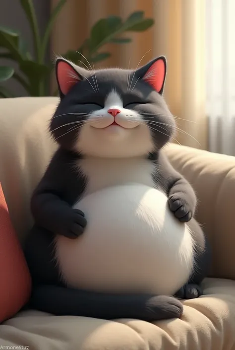 A black grey American shorthair cat with white patterns, pink ears, and nose, chubby with a big belly, is sitting comfortably on the sofa with its belly hanging down.