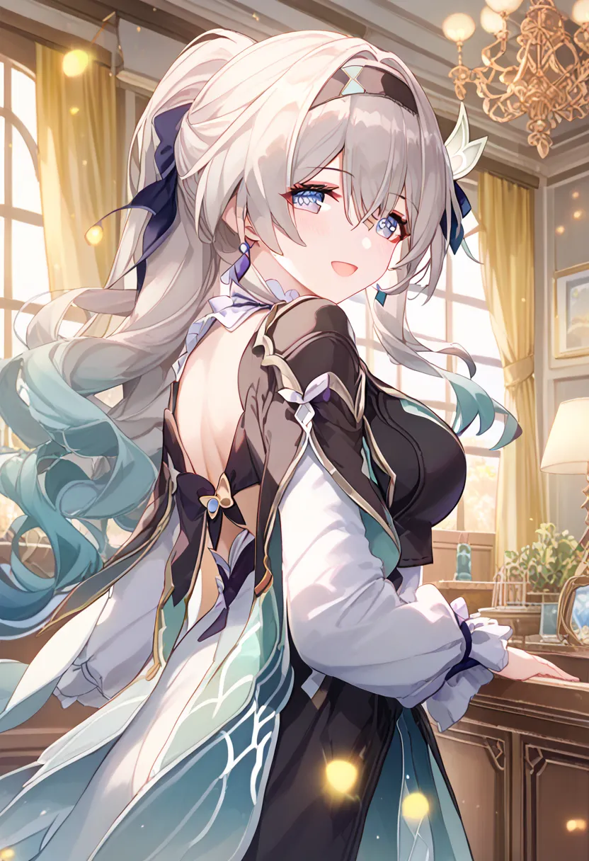 1girl, firefly,honkai star rail,solo, milf,long hair, breasts, looking at viewer, blush, smile, open mouth, blue eyes, Glamorous, erotic, mature, hair ornament, hair between eyes, white hair, grey hair, hair ribbon, ponytail, sidelocks, hair bow, indoors, ...