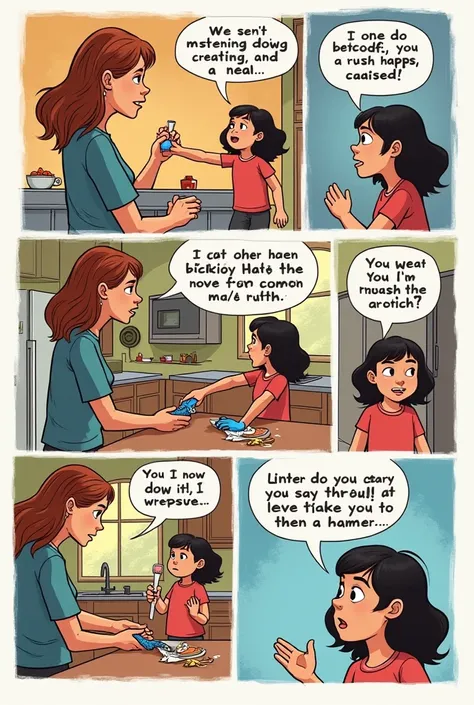 Make A series of 6 panels in a comic style illustrating a woman telling her daughter to do their chores. The daughter rushes through the tasks, completing them quickly but not properly. When the mother returns, she scolds her daughter for doing them incorr...