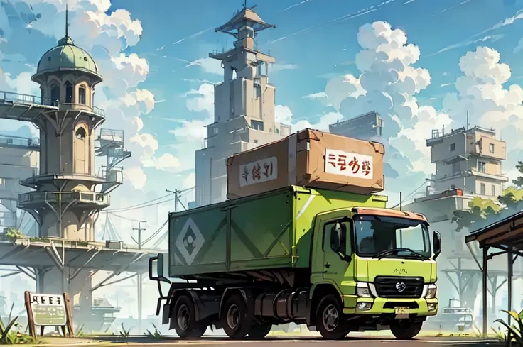 Box ,  realistic truck with dapper transport signs,   Cartoon , in a futuristic port with a view from afar