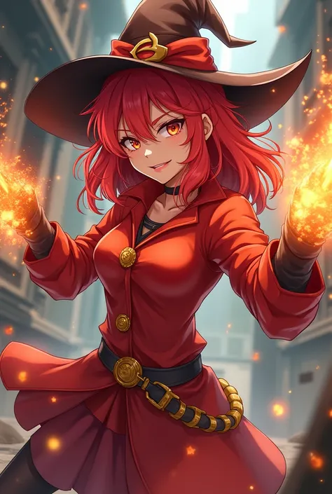 Red-haired anime-style girl,  red clothes , orange, yellow, brown and black, with an arrogant face , brown witch hat,  staves in his hands and an explosive appearance.