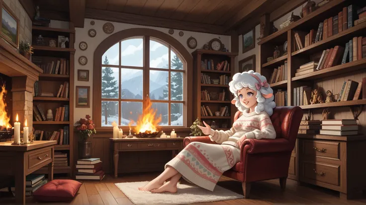  Inside a cozy house illuminated by the warm light of a sizzling fireplace ,  a woman is sitting in a fluffy armchair near the fire.  Her eyes reflect a melancholic look ,  as her mind seems to wander through distant thoughts .  She wears a soft-colored sw...