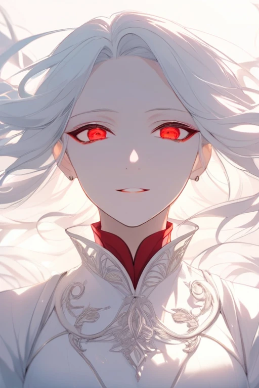  bright white hair, Long hair, mature,fascinating,  raised eyes, Red Clothes, Lyrical,  soft lighting ,  a gentle smile , fascinating, Red eyes,  looking at viewers