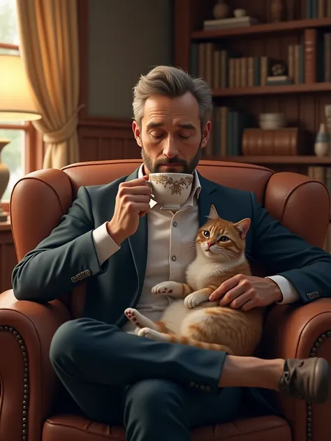 Man drinking tea with cats 