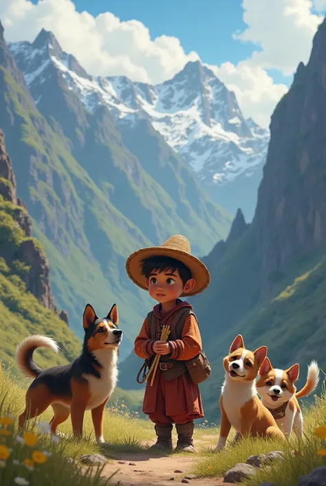 A boy with chuyo and his dogs are 4 clutching a reed in the Andes the boy has to play with them 
