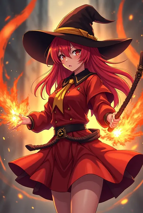 Red-haired anime-style girl,  red clothes , orange, yellow, brown and black, with an arrogant face , brown witch hat,  staves in his hands and an explosive appearance. with staff .