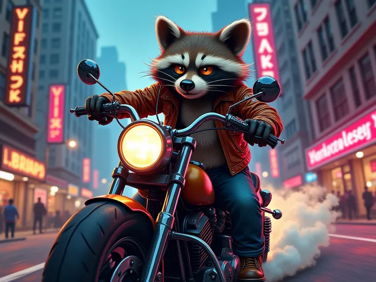  Cartoon anthropomorphic raccoon in leather jacket and jeans,  rides a motorcycle through the city , masterpiece, smoke (Angry), crazy, Shine, 80&#39;s, retro cartoon , cartoon 2d style .