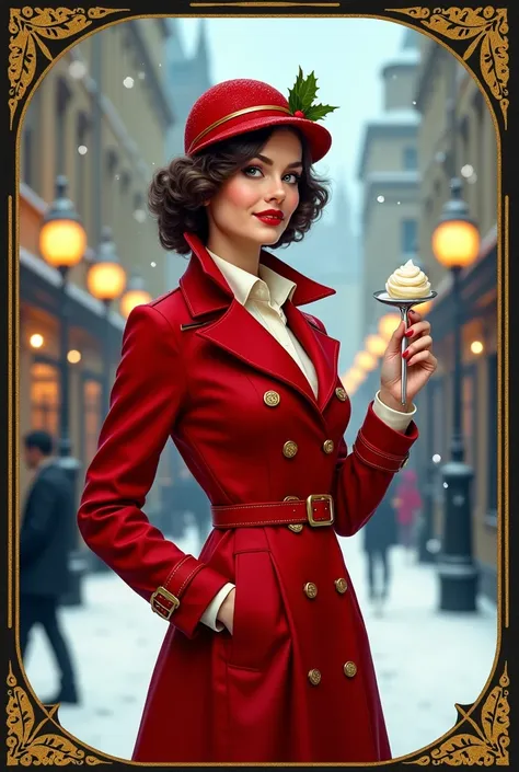 A comical yet sophisticated Art Deco book cover featuring an elegant female detective in the 1920s. She is impeccably dressed in a tailored red trench coat with gold accents, a festive nod to Christmas, and a chic cloche hat adorned with holly. She stands ...