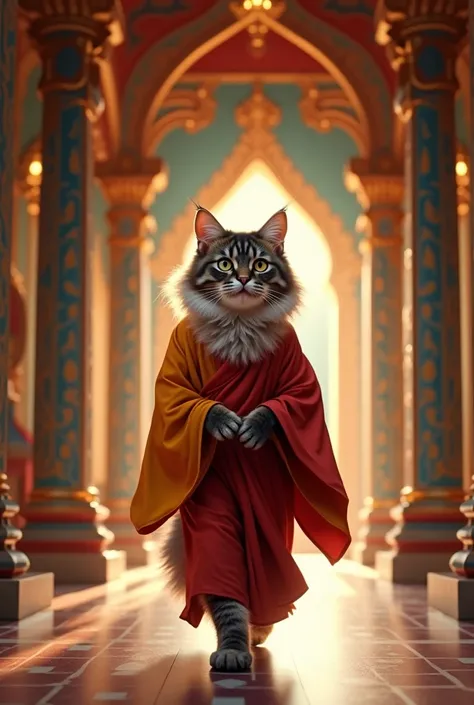 Main coon cat as a monk walking through a Thailand temple, happy expression, realistic details, vibrant colors, intricate architecture, super HD quality --ar 16:9