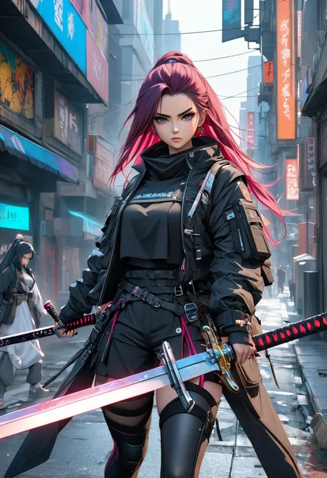 An anime girl and a person with a sword pass by on the street, Badass Anime 8k, Anime Style 4 k, Anime Style. 8k, She has a sword, Arab woman in uniform holding a sword , Urban Warrior, very beautiful cyberpunk samurai , She has a sword, Guweiz-style work ...