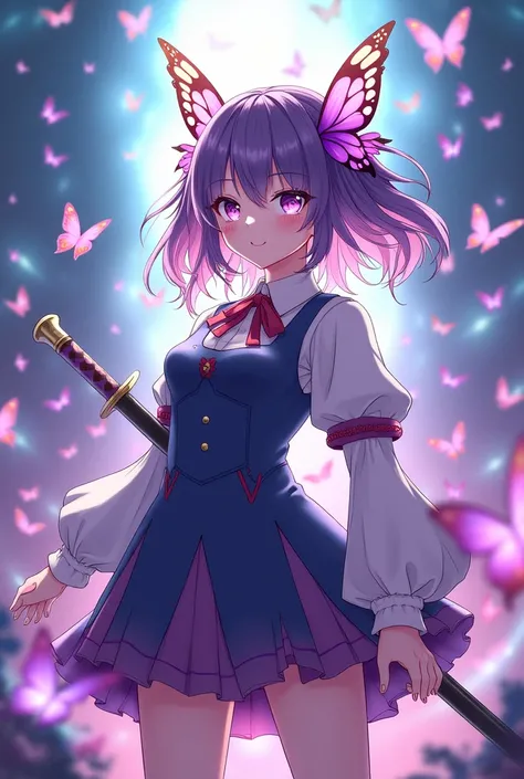 the anime girl is standing in front of butterflies next to a sword, 1girl, kochou shinobu, demon slayer uniform, butterfly hair ornament, solo, hair ornament, bug, breasts, weapon, butterfly, sword, black hair, purple hair, multicolored hair, belt, smile, ...