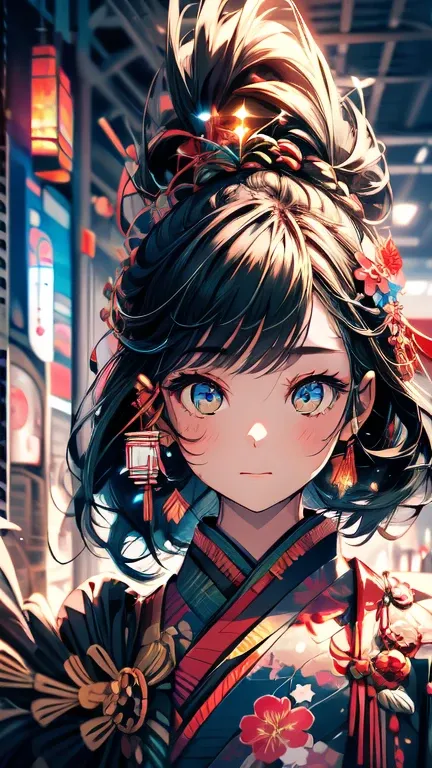  1 girl, alone,  black hair, turn around,  kimono,   glitter effect, Streaks of light、Emphasis on light and shadow, Thick Line, Blur,  anatomically correct,  HIGH DETAILS,  Looking , shade-enhancing ,  Contrast , Sparkle,  upper body,  Hi-Res,  best qualit...