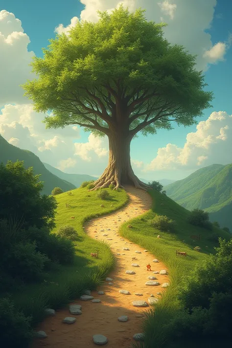 Create a winding path leading up to the tree, representing the journey of life. Along the path, include small symbols or icons representing challenges like stones or hurdles and achievements like stars or trophies
