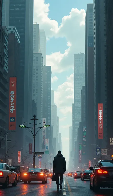 An image about a story that tells a journey of self-discovery and transformation, called the way back home. The setting is a big city where the center is dominated by traffic and buildings.