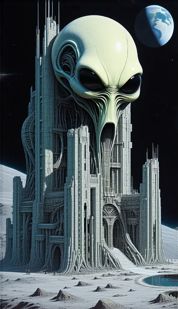 moon base in the style of hr giger aesthetics. the architecture is intricate and grotesque with huge hr giger's alien head and other similar grotesque design. earth can be seen in the sky.