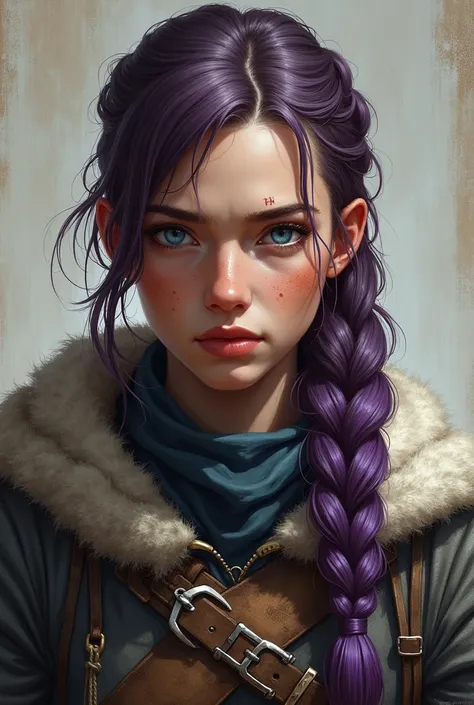 Portrait Pillars Of Eternity 
Femme 28 ans peau blanche 
Cheveux marrons rasés avec une tresse violette aspect guerrier 
Moue avrc la bouche
Petits yeux bleus
Blessure légère 