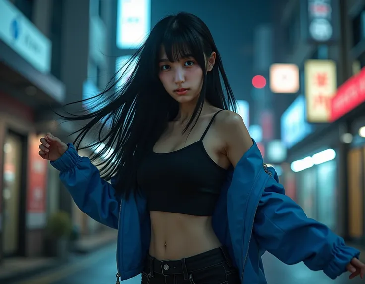 Realistic Photo,  Japanese woman with a viewing angle of,  tank top ,  long black hair、 straight hair 、((realistic lighting,  best quality , 8k)),  slim abs , (( dark brown hair)（Exterior，In the middle of the night），Ultra-thin face，Fine grain， double eyeli...