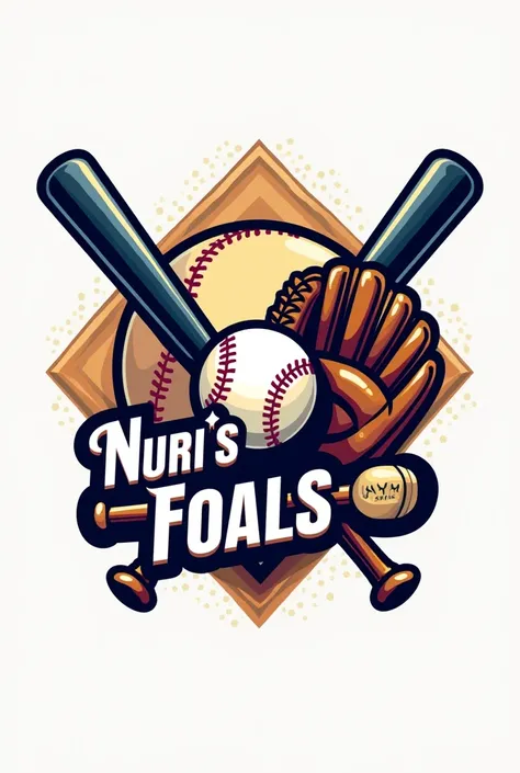  Create a baseball logo with the name of Nuris foals and the image that is a bat, a ball and a glove