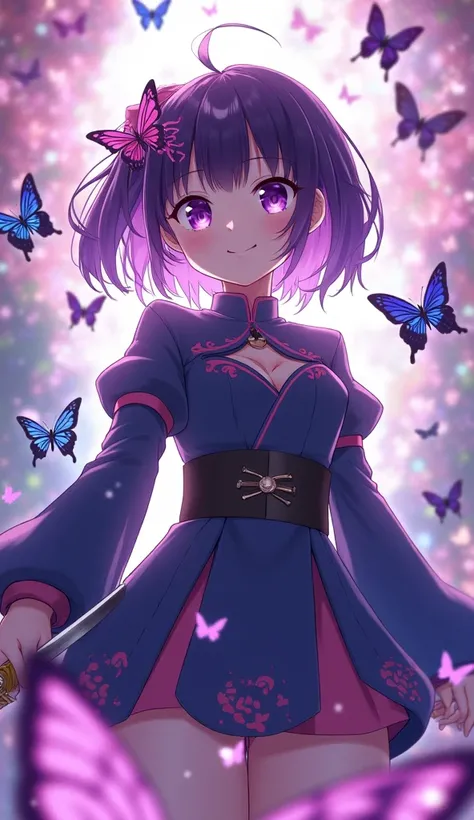 the anime girl is standing in front of butterflies next to a sword, 1girl, kochou shinobu, demon slayer uniform, butterfly hair ornament, solo, hair ornament, bug, breasts, weapon, butterfly, sword, black hair, purple hair, multicolored hair, belt, smile, ...