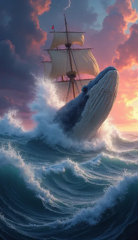 An epic and vibrant scene inspired by Moby Dick: a dramatic moment on the high seas during a storm, where the great white whale, Moby Dick, bursts from the ocean, surrounded by foamy waves and flashes of lightning. The Pequod, a wooden whaling ship, battle...