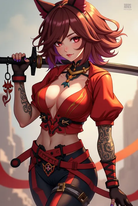  Genshin Impact style panel   , Big curly hair with the color Marsala  , Her hair is the same hairstyle as Yae Miko from Genshin Impact ,  pentiated characteristic of the game  ,  of the element electro  ,  sword-bearing  , Big hair , colorful and beautifu...