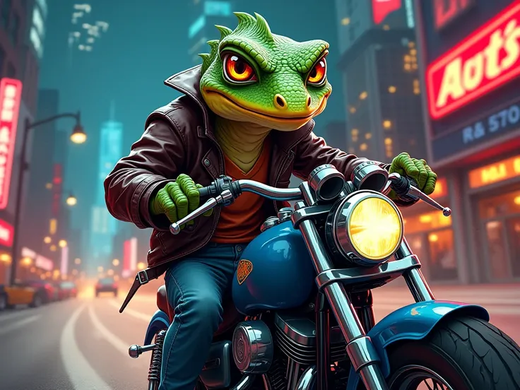 Cartoon lizard in a leather jacket and jeans,  rides a motorcycle through the city , masterpiece, smoke (Angry), crazy, Shine, 80&#39;s, retro cartoon , Sketching, classic Disney style.