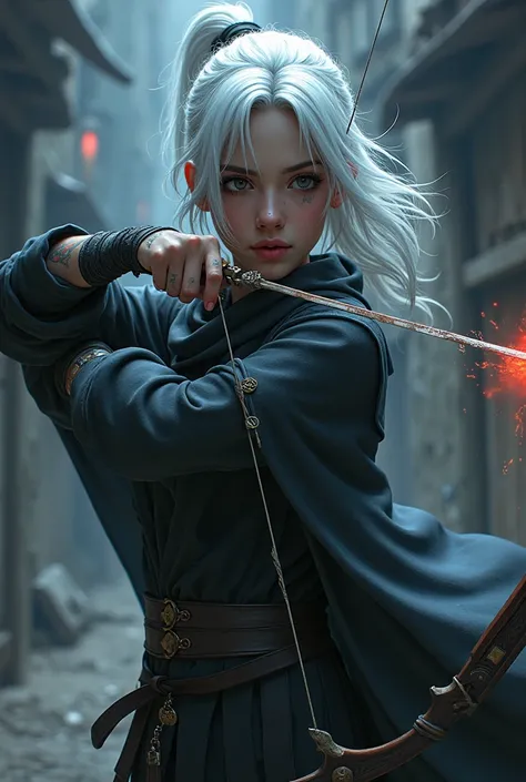 A ninja girl with white hair and a bandaged eye with a magic bow 