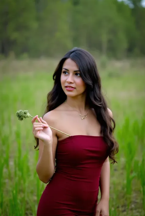 A graceful young woman posed elegantly in a natural meadow, holding a delicate stalk of ornamental grass. She wears a strapless, deep red dress that contrasts beautifully with the vibrant green backdrop of tall grasses and soft reeds. Her long, flowing dar...