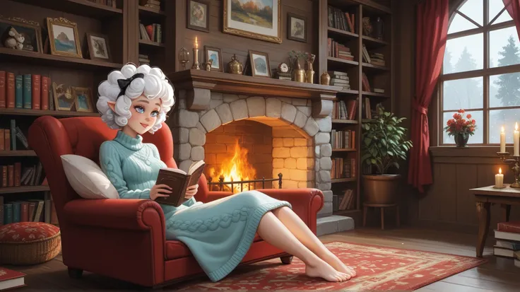  Inside a cozy house illuminated by the warm light of a sizzling fireplace ,  a woman is sitting in a fluffy armchair near the fire.  Her eyes reflect a melancholic look ,  as her mind seems to wander through distant thoughts .  She wears a soft-colored sw...