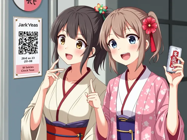 Japanese Coming of Age Ceremony、Sunny Day、 QR codes are printed on posters at the coming-of-age ceremony venue、 in a prominent place at the venue with a smartphone 、Show everyone 、 that QR code is being read 、 are happy to take selfies 、Girls in beautiful ...