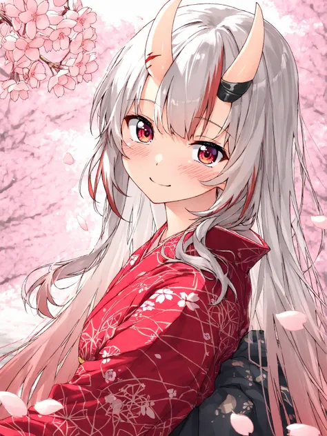 ((Nakiri Ayame)),Girl, long hair, gray hair,  kimono, red eyes, red mesh color, Cherry Blossoms, Smiling,Alone, a radiant smile, (The petals of the cherry-blossoms dance),masterpiece,Best Quality, blush,  smiles, 桜の花びら