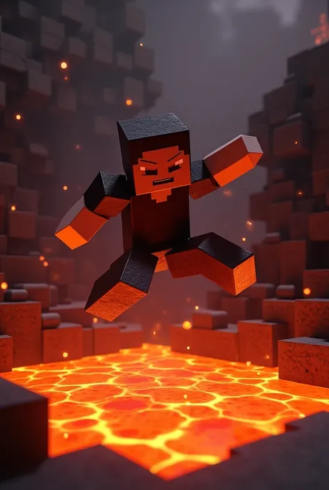 Steve in Minecraft falls into lava and gets teleported as Enderman