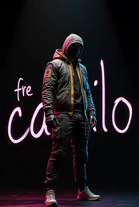 I want a photo with a black background and in front of it you have a Freefire character and in front of the character you have the letters Fre Camilo 