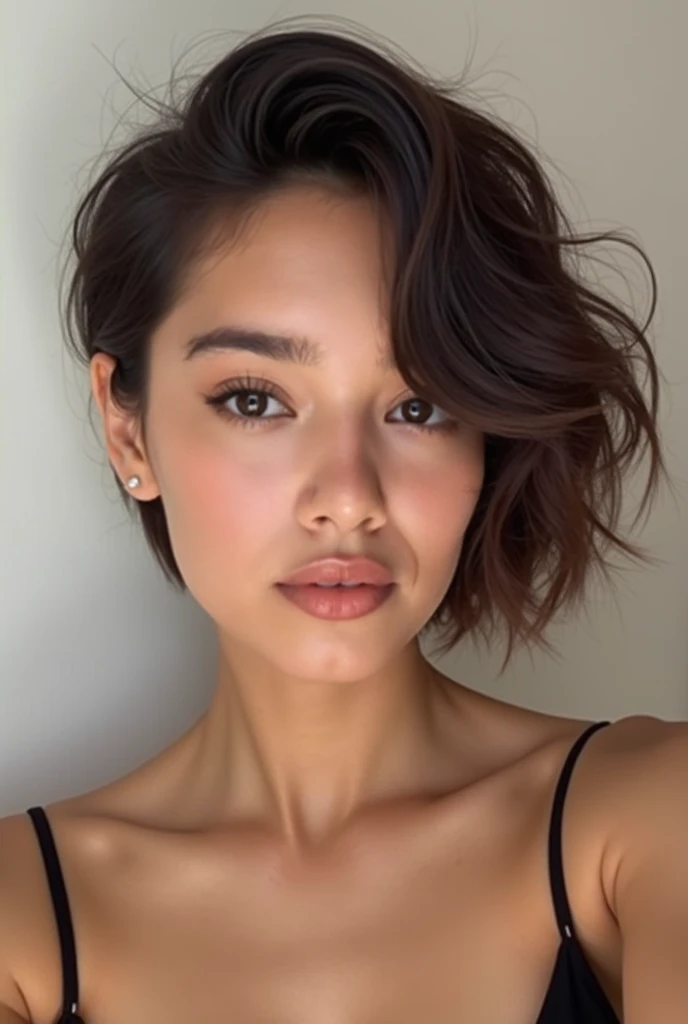  Créez une nouvelle femme à partir de cette image , Elle a 20 ans,  est dorigine hispanique et aussi chinoise ,  elle est naturellement belle .  Elle a une coupe de cheveux courte , Chanel type ,  avec ses cheveux sarrêtant au niveau de la mâchoire ,  avec...