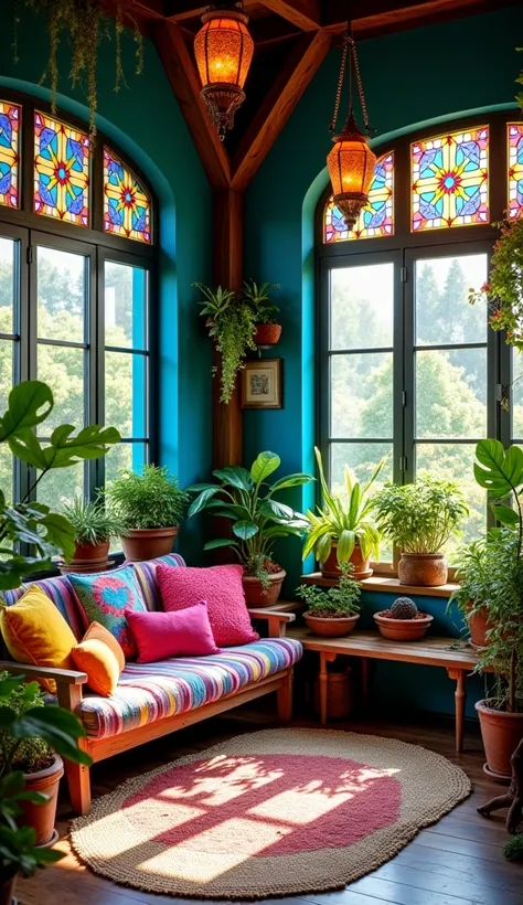 A sunroom filled with an abundance of lush plants, bathed in natural light filtering through large stained glass windows. The room is decorated in a vibrant bohemian style, featuring a colorful sofa adorned with an array of patterned pillows, a low wooden ...