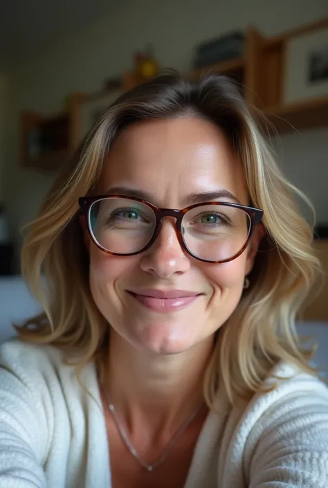 35 year old ordinary woman, taking a selfie video without saying anything, just looking at the camera happily, she is wearing home clothes, comfortable pajamas, has beautiful hair and wears reading glasses