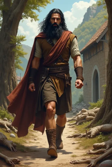 "A young man with long black hair, a long beard and a bushy moustache, wearing a brown superman-like back robe wearing a short-sleeved shirt like a vest, wearing brown shorts and wearing wooden sandals like an ancient warrior, wearing laced socks, both han...