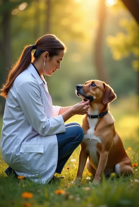 Veterinary doctor with canine patient in nature, a warm and quiet environment, real photograph