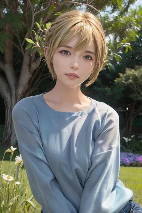 (masuter piece:1.3)、(8k、Photorealistic、Raw photography、top-quality: 1.4)、(1girl in)、Beautiful face、(Lifelike face)、(platinum-blonde-hair、a pixie cut:1.3)、Beautiful hairstyle、realisticeyes、Beautiful details、（real looking skin）、Beautiful skins、（The shirt、Car...