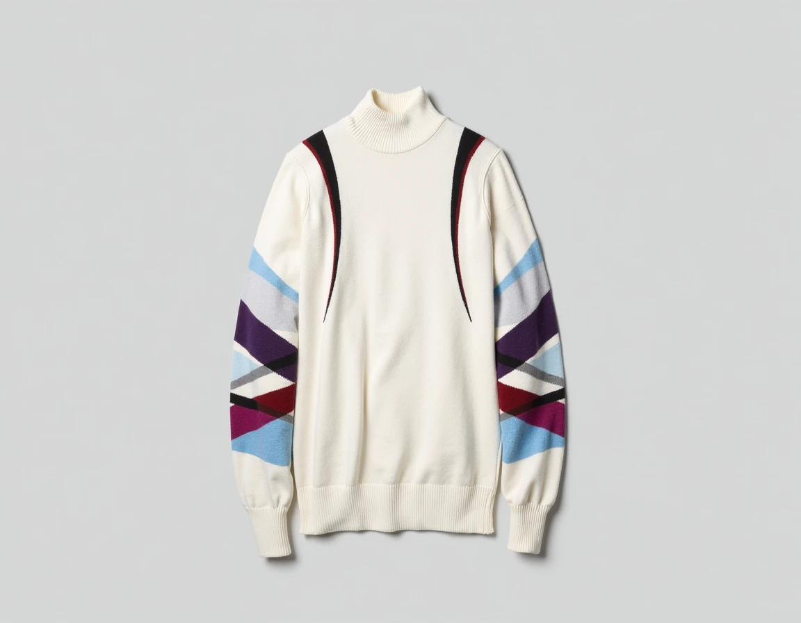  mens white sweater ,  with lines from shoulder to wrist in black, red, sky blue and purple 