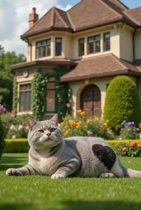 A Garfield-patterned cat with gray fur, pink ears and nose, and a black heart-shaped marking on its body is lounging in the garden in front of the house, which is decorated in an English style.