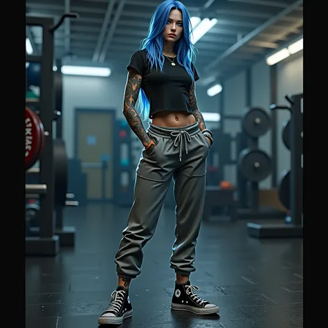 female ,  long straight blue hair, wearing black grey sweatpants with black and white chuck Taylors on with a black t shirt. Fit body, at the gym, full body tattoos. Realistic. Hair over half face. Blue eyes. Buff body.  Hands in pockets. Glowing blue hear...