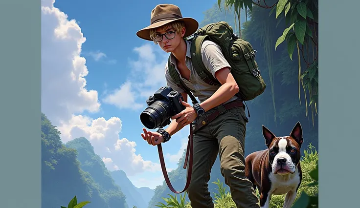 Fais-moi une bannière YouTube où il y a un adolescent de 17 ans avec une grosse caméra dans la main avec un chapeau Indiana Jones en arrière-plan, je veux une jungle avec des lianes avec mon chien à côté un American staff méchant, j’ai des lunettes de vue ...