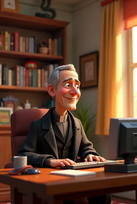 I want you to give me an image of Don Bosco sitting at a computer but made in the cartoon Toy Story