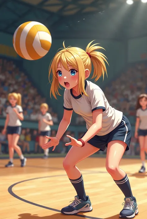 Blonde student getting hit by a volleyball 