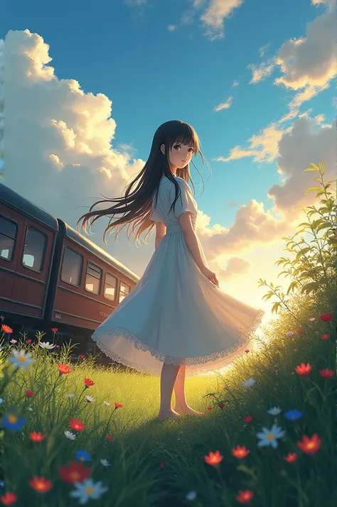 Anime girl in the near of the trane and and beautiful flowers grass and the weather is lighting 