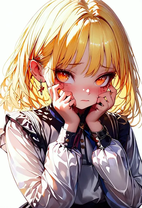 RAW, score_9, score_8_up, score_7_up, (photorealistic:0.8), 1girl,girl,loli,little_girl,kawaii,petite,slender face,blonde hair, standing,incredibly absurdres,high_quality, super_detailed, white_background, five_fingers, embarrassed_face