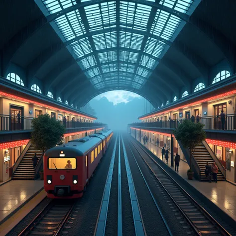 A two-story train station that has a center ceiling made of glass, shops above and stairs leading downstairs, three tracks separated by sector, small trees in the corners, 80s aesthetic with neon lights decorating, soft colors, rainy cloudy night sky, a pa...